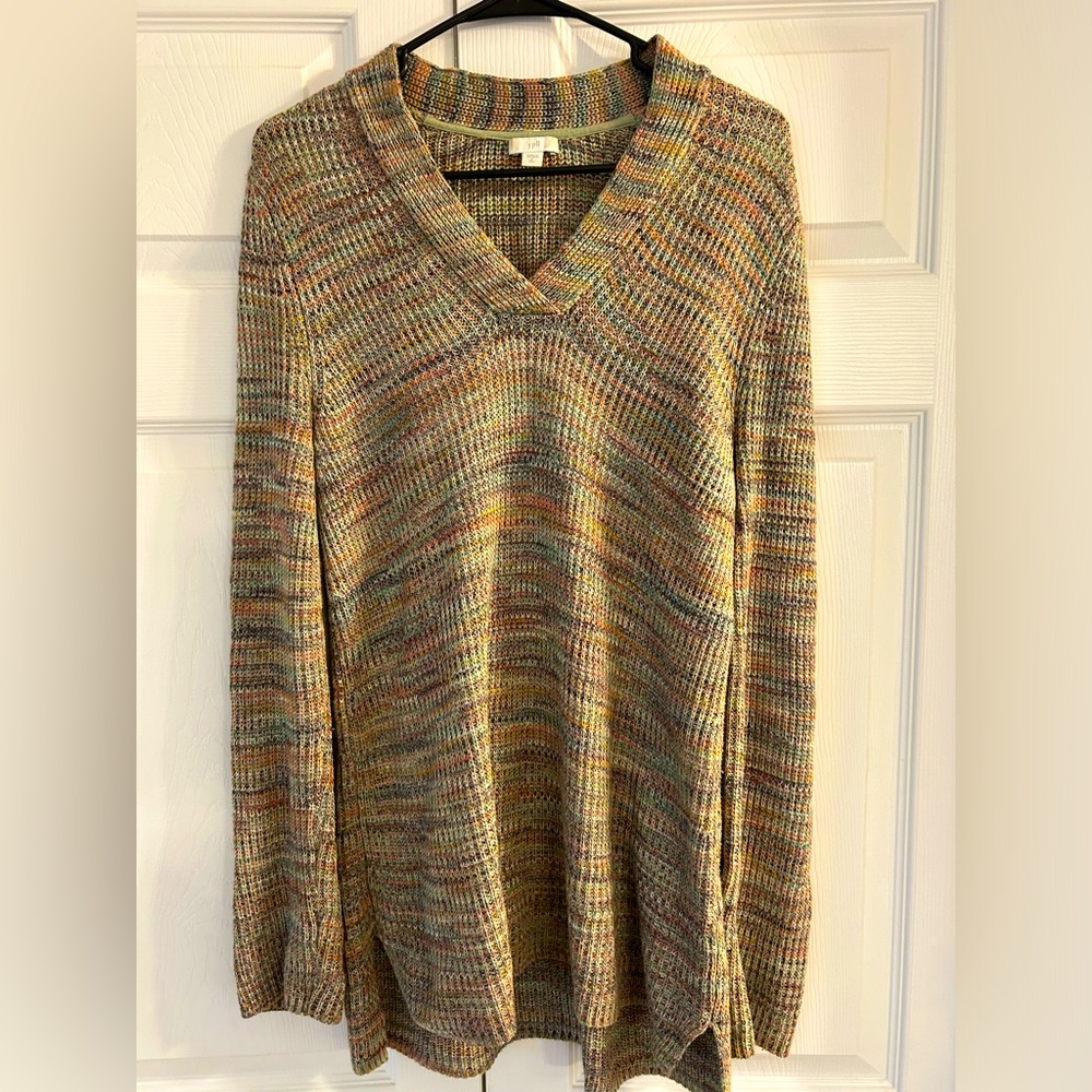 J.Jill Women’s Green Multicolor V-Neck Pullover Knit Tunic Sweater Size S Tall